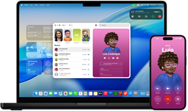 MacBook Pro a iPhone 16 Plus, otevřená aplikace Telefon, na obou obrazovkách se ukazuje stejný obsah